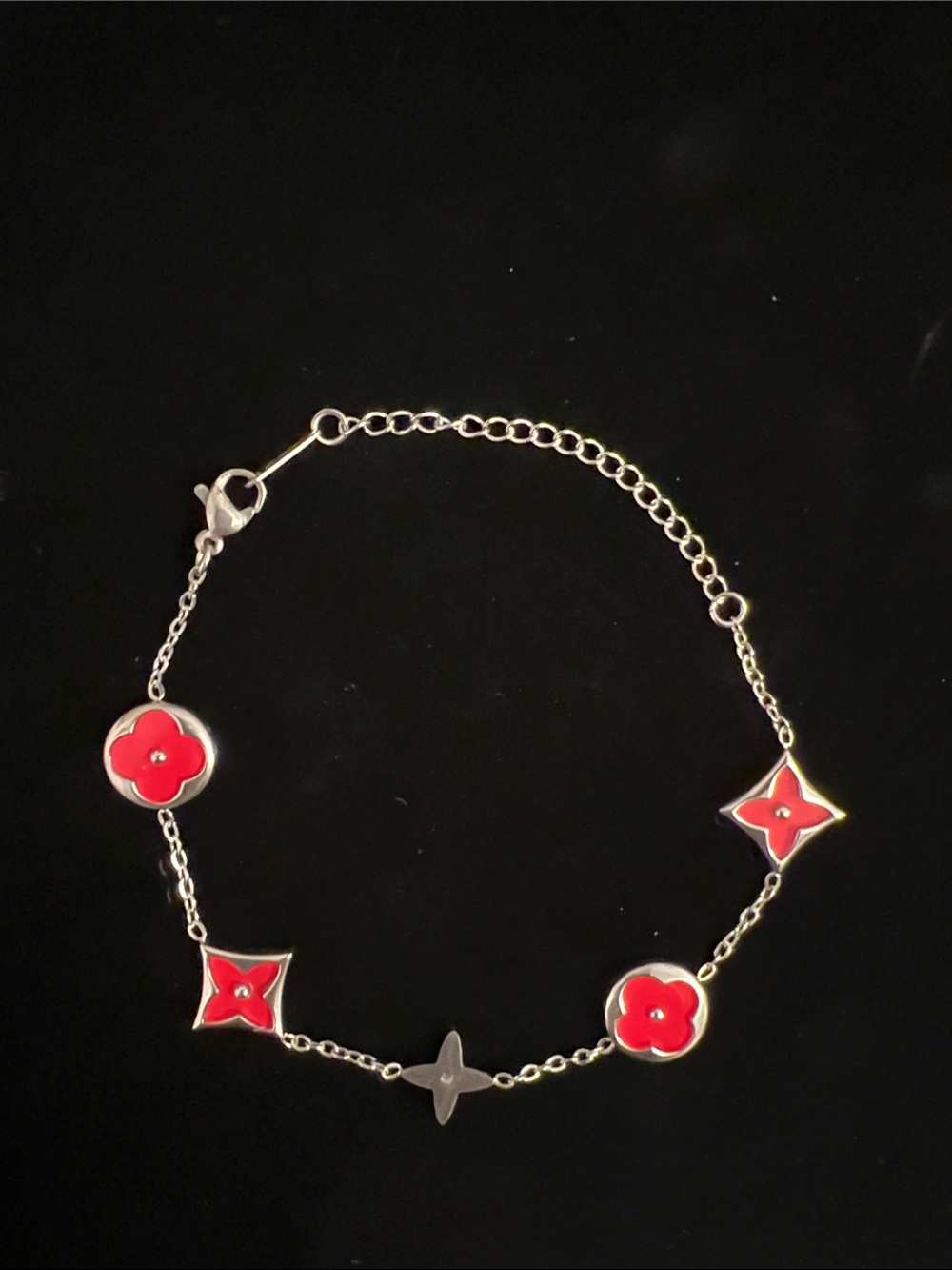 Red Floral Designer Inspired Clover Charm Chain Bracelet